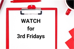 [ai] A clipboard with a white sheet displaying the text "WATCH for 3rd Fridays." The clipboard is red, accompanied by a red pen and a black coffee cup, set on a white surface.